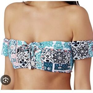 Seafolly Off Shoulder Lace Up Silk Market Bahama Blue Bikini Top Size 8